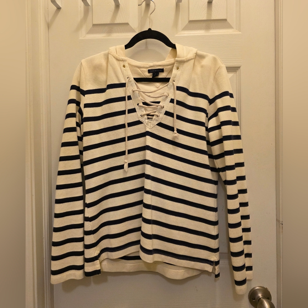 Tommy Hilfiger Cream and Blue Lace-Up Top